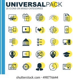 Set Of 25 Universal Editable Icons For Business Management, Marketing And SEO Topics. Includes Icons Such As Present Badge, World, Business Woman And More