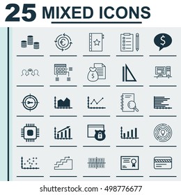 Set Of 25 Universal Editable Icons For Statistics, Computer Hardware And Education Topics. Includes Icons Such As Report, Chip, Plot Diagram And More