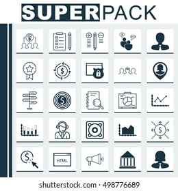 Set Of 25 Universal Editable Icons For Human Resources, Advertising And Statistics Topics. Includes Icons Such As Manager, Analysis, SEO Brainstorm And More
