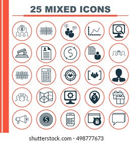 Set Of 25 Universal Editable Icons For Human Resources, Project Management And Computer Hardware Topics. Includes Icons Such As Report, Security, Money Navigation And More