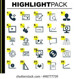 Set Of 25 Universal Editable Icons For Marketing, Business Management And Computer Hardware Topics. Includes Icons Such As SEO Brainstorm, Presentation, Circle Graph And More Elements