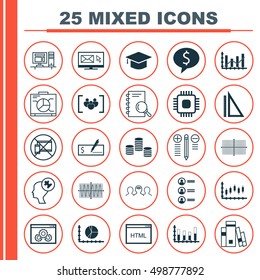 Set Of 25 Universal Editable Icons For Education, Project Management And Airport Topics. Includes Icons Such As Circle Graph, Coaching, Square Diagram And More Elements