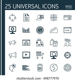 Set Of 25 Universal Editable Icons For Statistics, Business Management And SEO Topics. Includes Icons Such As Personal Skills, PC, Plastic Card And More