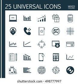 Set Of 25 Universal Editable Icons For Travel, Marketing And Airport Topics. Includes Icons Such As Forbidden Mobile, Warranty, Library And More