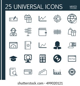 Set Of 25 Universal Editable Icons For Advertising, Marketing And Education Topics. Includes Icons Such As Focus Group, Graduation, Plastic Card And More.