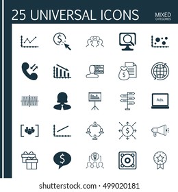Set Of 25 Universal Editable Icons For Project Management, Human Resources And Statistics Topics. Includes Icons Such As Laptop, Collaborative Solution, Cosinus Diagram And More.