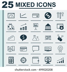 Set Of 25 Universal Editable Icons For Travel, Advertising And Education Topics. Includes Icons Such As Decision Making, Education Center, SEO Brainstorm And More.