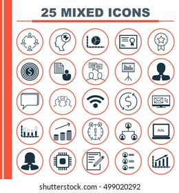 Set Of 25 Universal Editable Icons For Business Management, SEO And Computer Hardware Topics. Includes Icons Such As Chip, Business Goal, Newsletter And More.