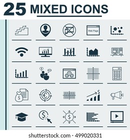 Set Of 25 Universal Editable Icons For Travel, Education And Marketing Topics. Includes Icons Such As Dynamics, SEO Brainstorm, Media Campaign And More.