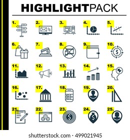 Set Of 25 Universal Editable Icons For Statistics, Airport And Advertising Topics. Includes Icons Such As Calculation, Money Recycle, Pin Employee And More.