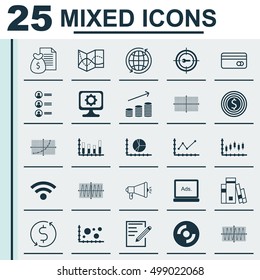 Set Of 25 Universal Editable Icons For Statistics, Marketing And Education Topics. Includes Icons Such As Wireless, Library, Road Map And More.