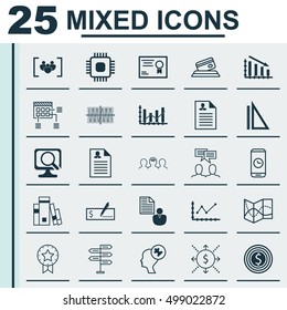 Set Of 25 Universal Editable Icons For Computer Hardware, Marketing And Statistics Topics. Includes Icons Such As Business Goal, Changes Graph, Bank Payment And More.