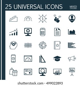 Set Of 25 Universal Editable Icons For Business Management, Project Management And Airport Topics. Includes Icons Such As Brain Process, Graduation, Employee Location And More.