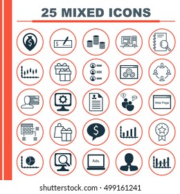 Set Of 25 Universal Editable Icons For Statistics, Computer Hardware And Advertising Topics. Includes Icons Such As Circle Graph, Business Deal, PC And More.