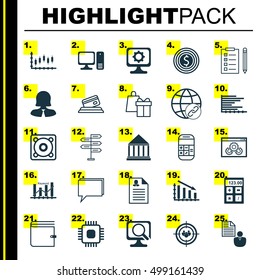 Set Of 25 Universal Editable Icons For Computer Hardware, Project Management And Statistics Topics. Includes Icons Such As Education Center, Stock Market, Business Goal And More.