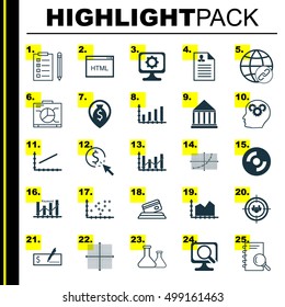 Set Of 25 Universal Editable Icons For Computer Hardware, Statistics And Advertising Topics. Includes Icons Such As Laptop, Line Up, Brain Process And More.