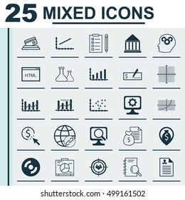 Set Of 25 Universal Editable Icons For Airport, Computer Hardware And Education Topics. Includes Icons Such As Education Center, Line Up, Brain Process And More.