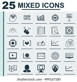 Set Of 25 Universal Editable Icons For Human Resources, Computer Hardware And Marketing Topics. Includes Icons Such As SEO Brainstorm, Bank Payment, Changes Graph And More.