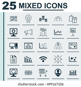 Set Of 25 Universal Editable Icons For Project Management, Business Management And Statistics Topics. Includes Icons Such As Comparsion, Plot Diagram, Employee Location And More.