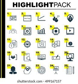 Set Of 25 Universal Editable Icons For Computer Hardware, Human Resources And Business Management Topics. Includes Icons Such As Innovation, Laptop, Report And More.