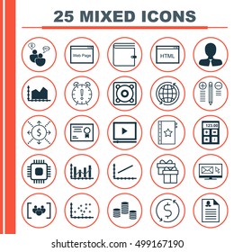 Set Of 25 Universal Editable Icons For Computer Hardware, Advertising And Statistics Topics. Includes Icons Such As Plot Diagram, Sequence Graphics, Newsletter And More.