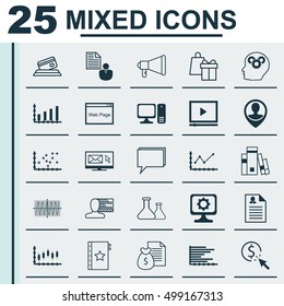 Set Of 25 Universal Editable Icons For Statistics, Computer Hardware And Project Management Topics. Includes Icons Such As Shopping, Conference, Report And More.