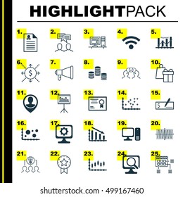 Set Of 25 Universal Editable Icons For Project Management, Business Management And SEO Topics. Includes Icons Such As Shopping, Cooperation, Certificate And More.