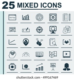 Set Of 25 Universal Editable Icons For Human Resources, Project Management And Statistics Topics. Includes Icons Such As Laptop, Chip, Analysis And More.