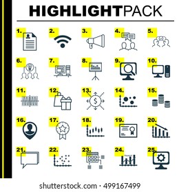 Set Of 25 Universal Editable Icons For Computer Hardware, Business Management And Statistics Topics. Includes Icons Such As Shopping, Conference, Money And More.