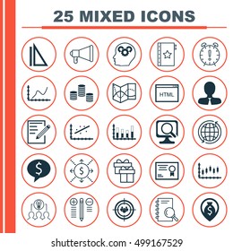 Set Of 25 Universal Editable Icons For Computer Hardware, Business Management And Statistics Topics. Includes Icons Such As Coding, Road Map, Analytics And More.