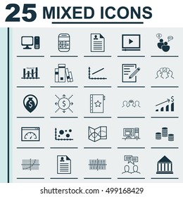 Set Of 25 Universal Editable Icons For Education, Human Resources And Project Management Topics. Includes Icons Such As Successful Investment, Desktop Computer, Money And More.