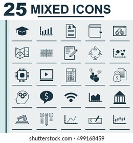 Set Of 25 Universal Editable Icons For Computer Hardware, Marketing And Airport Topics. Includes Icons Such As Brain Process, Sinus Graph, Wallet And More.