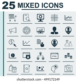 Set Of 25 Universal Editable Icons For Marketing, Project Management And Computer Hardware Topics. Includes Icons Such As Employee Location, Stock Market, Human Mind And More.