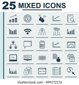 Set Of 25 Universal Editable Icons For Business Management, Statistics And Marketing Topics. Includes Icons Such As Newsletter, Wireless, Present And More.