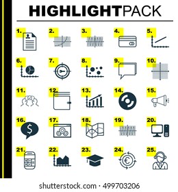 Set Of 25 Universal Editable Icons For Computer Hardware, Marketing And Statistics Topics. Includes Icons Such As Desktop Computer, Curriculum Vitae, Graphical Grid And More.