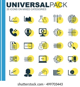 Set Of 25 Universal Editable Icons For Education, Project Management And Computer Hardware Topics. Includes Icons Such As Report, Sequence Graphics, Growth And More.