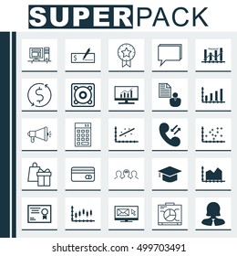 Set Of 25 Universal Editable Icons For Project Management, Computer Hardware And Airport Topics. Includes Icons Such As Present Badge, Media Campaign, Dynamics And More.