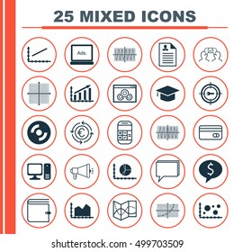 Set Of 25 Universal Editable Icons For Business Management, Advertising And Airport Topics. Includes Icons Such As Plastic Card, Business Deal, Website Performance And More.