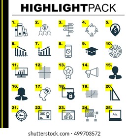 Set Of 25 Universal Editable Icons For Education, Statistics And SEO Topics. Includes Icons Such As Human Mind, Certificate, Business Woman And More.