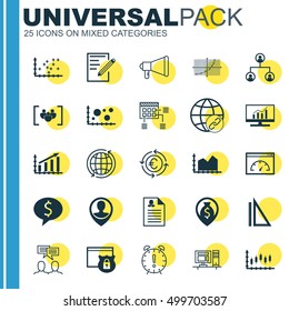 Set Of 25 Universal Editable Icons For Education, Travel And Airport Topics. Includes Icons Such As Discussion, Loading Speed, Currency Recycle And More.