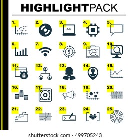 Set Of 25 Universal Editable Icons For Project Management, Advertising And Computer Hardware Topics. Includes Icons Such As Sinus Graph, Wireless, Conference And More.