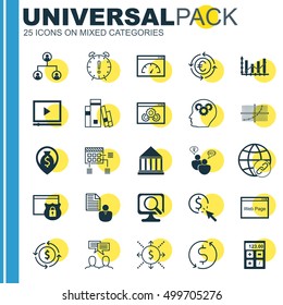 Set Of 25 Universal Editable Icons For Travel, Education And Airport Topics. Includes Icons Such As Money Recycle, Video Player, Library And More.