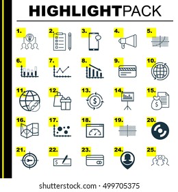 Set Of 25 Universal Editable Icons For Marketing, SEO And Business Management Topics. Includes Icons Such As Reminder, Fail Graph, Plastic Card And More.