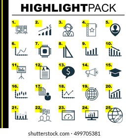 Set Of 25 Universal Editable Icons For Project Management, Statistics And SEO Topics. Includes Icons Such As Market Research, Stock Market, Business Deal And More.