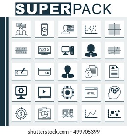 Set Of 25 Universal Editable Icons For Airport, Project Management And Computer Hardware Topics. Includes Icons Such As Brain Process, Video Player, Achievement Graph And More.