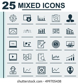 Set Of 25 Universal Editable Icons For Education, Advertising And Marketing Topics. Includes Icons Such As Market Research, Achievement Graph, Business Goal And More.
