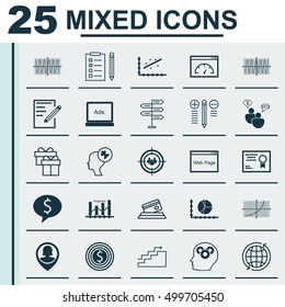 Set Of 25 Universal Editable Icons For Education, Business Management And Project Management Topics. Includes Icons Such As Present, Reminder, Opportunity And More.