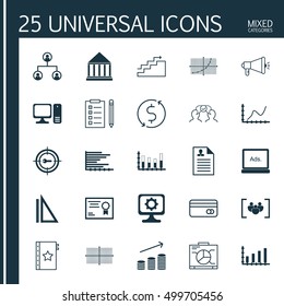 Set Of 25 Universal Editable Icons For Education, Project Management And Airport Topics. Includes Icons Such As Growth, Curriculum Vitae, Tree Structure And More.