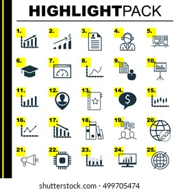 Set Of 25 Universal Editable Icons For Human Resources, Statistics And Project Management Topics. Includes Icons Such As Fail Graph, Computer, Segmented Bar Graph And More.