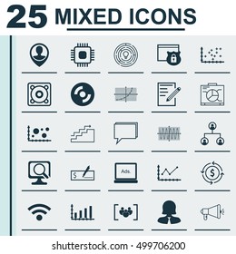 Set Of 25 Universal Editable Icons For Project Management, Marketing And Advertising Topics. Includes Icons Such As Media Campaign, Money Recycle, Laptop And More.